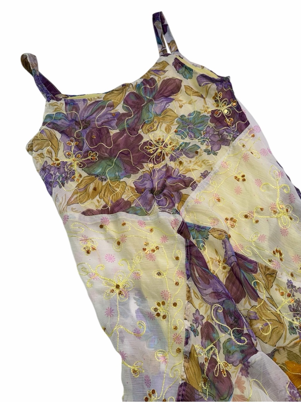 Vintage Sherly Y2K Fairy Dress Floral Chiffon
Handkerchief Hem Gold Embroidery M - Picture 5 of 10